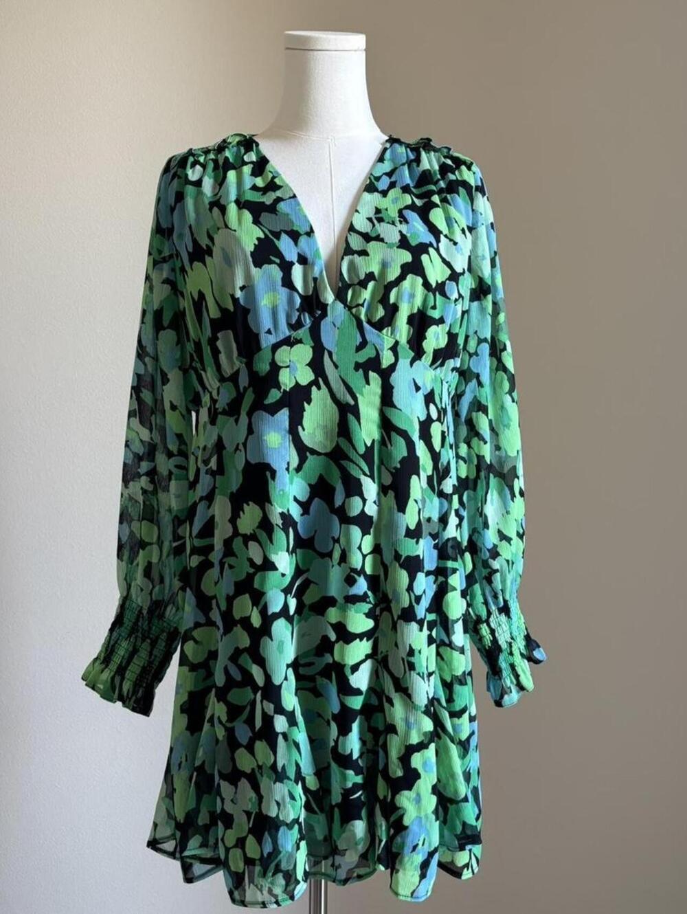 Topshop Green Blue Floral Chiffon Mini Dress Long Sleeve Smocked Cuffs US 8